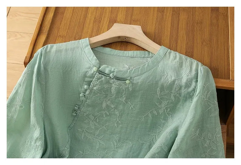 Embroidered Botanical Vine Cotton Linen Three Quarter Sleeve Shirt - detail view
