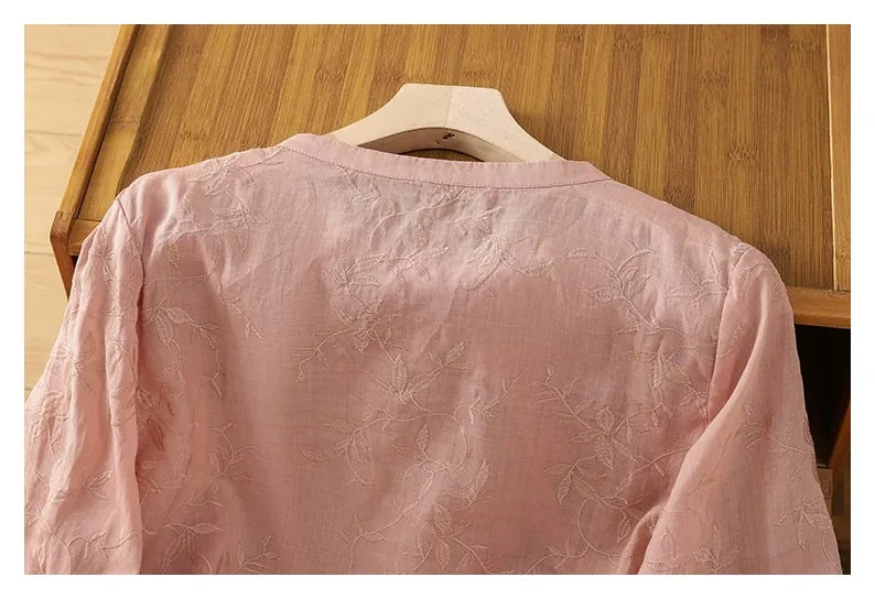 Embroidered Botanical Vine Cotton Linen Three Quarter Sleeve Shirt - detail view