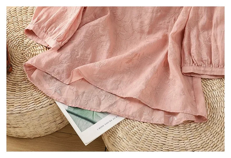 Embroidered Botanical Vine Cotton Linen Three Quarter Sleeve Shirt - detail view