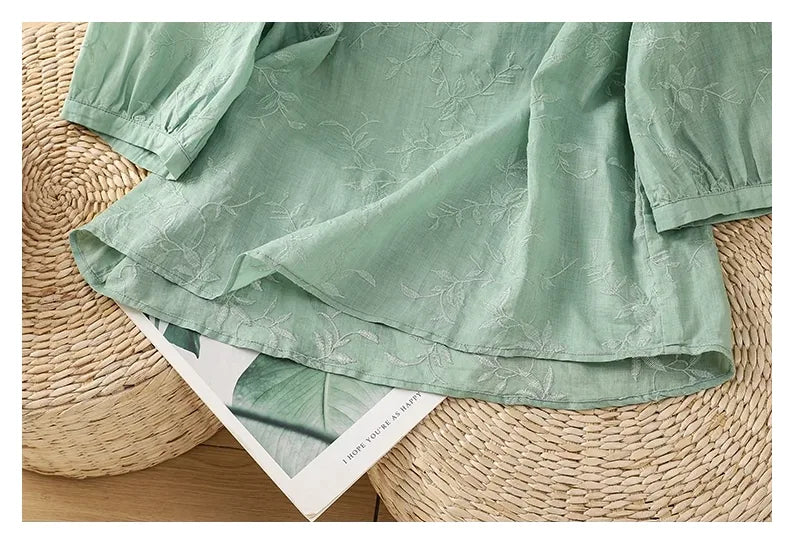 Embroidered Botanical Vine Cotton Linen Three Quarter Sleeve Shirt - detail view
