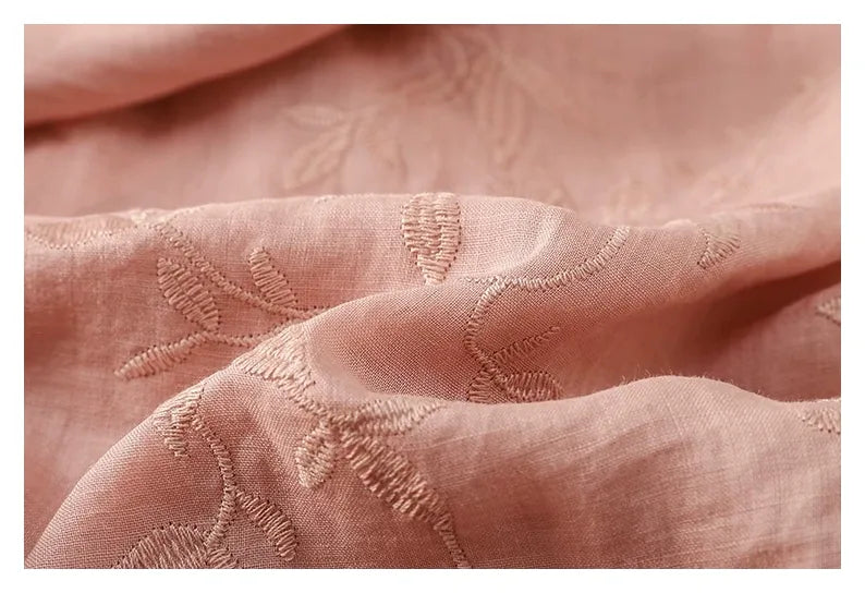 Embroidered Botanical Vine Cotton Linen Three Quarter Sleeve Shirt - detail view