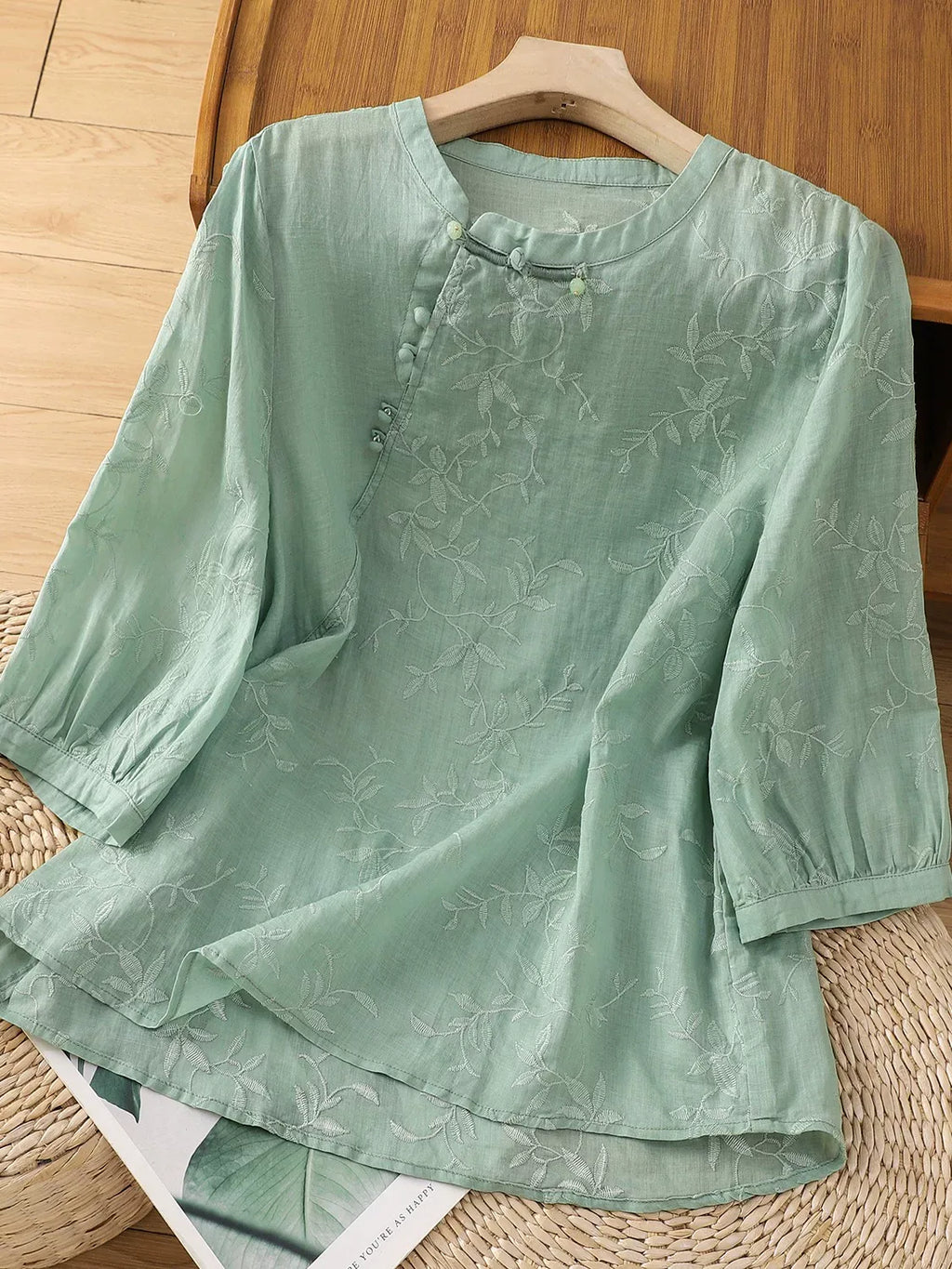 Embroidered Botanical Vine Cotton Linen Three Quarter Sleeve Shirt - main product image
