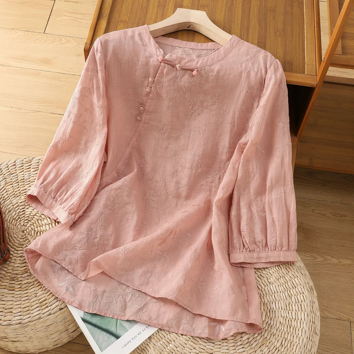 Embroidered Botanical Vine Cotton Linen Three Quarter Sleeve Shirt - product view view