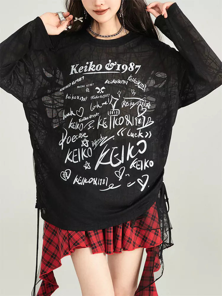 Camiseta holgada con cordón ajustable y estampado de mariposas bordadas