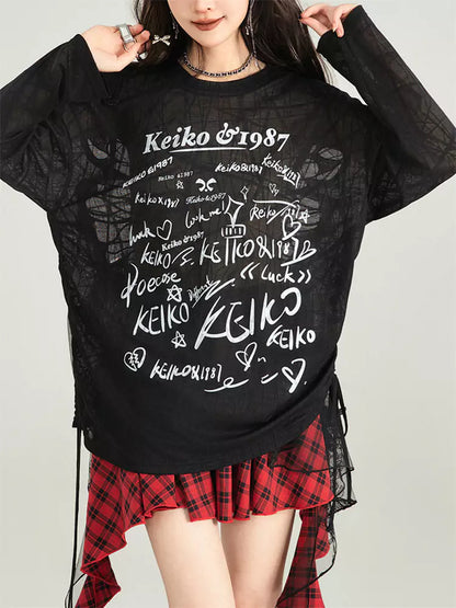 Embroidered Butterfly Mesh Printed Drawstring Loose Tee