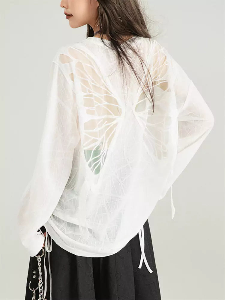 Camiseta holgada con cordón ajustable y estampado de mariposas bordadas