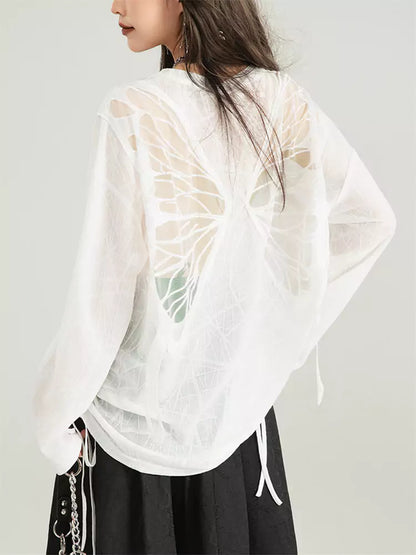 Embroidered Butterfly Mesh Printed Drawstring Loose Tee