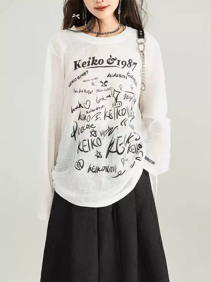 Embroidered Butterfly Mesh Printed Drawstring Loose Tee