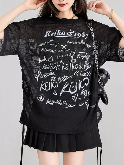 Embroidered Butterfly Mesh Printed Drawstring Loose Tee