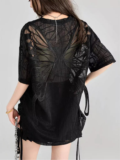 Embroidered Butterfly Mesh Printed Drawstring Loose Tee