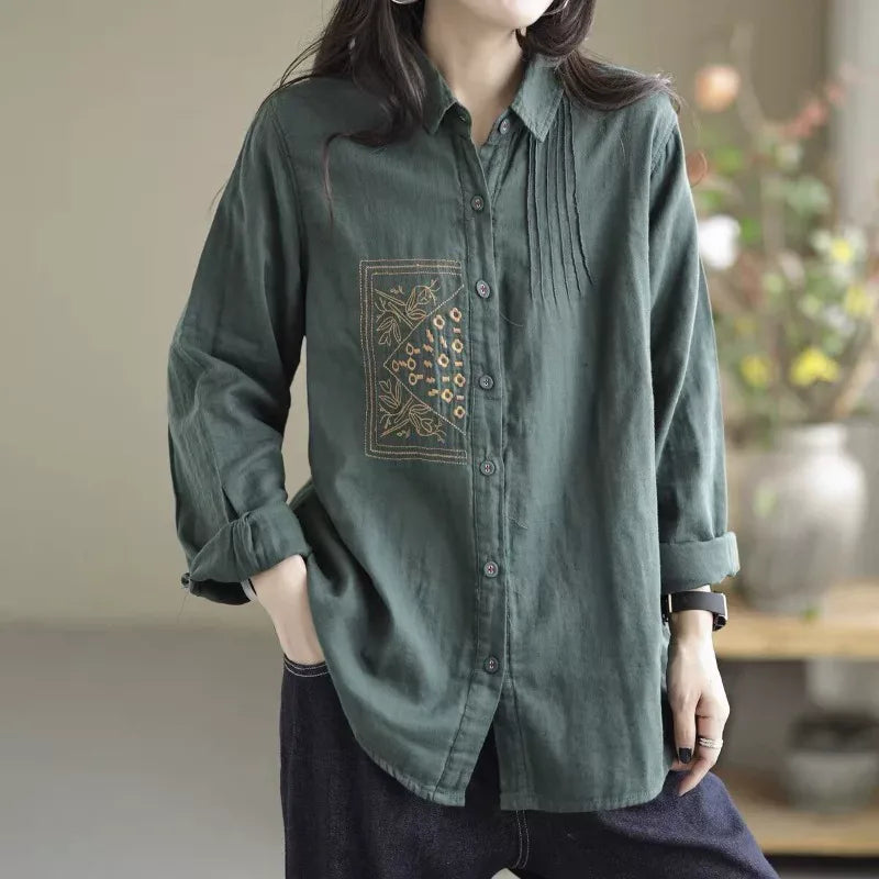 Embroidered Chest Panel Pleated Front Long Sleeve Shirt