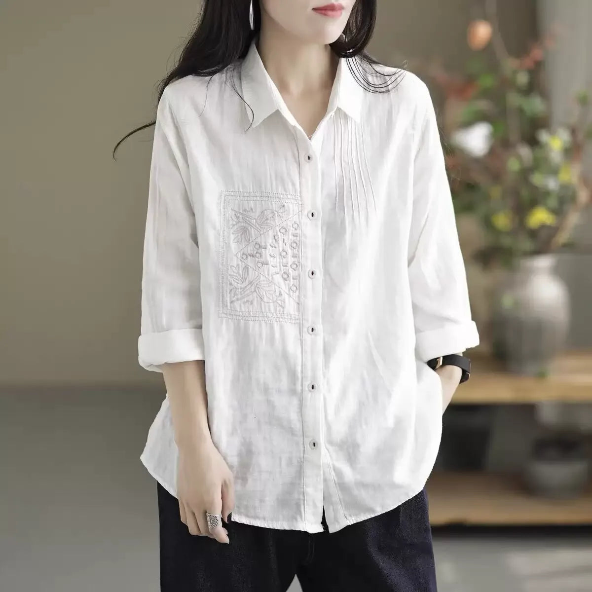 Embroidered Chest Panel Pleated Front Long Sleeve Shirt