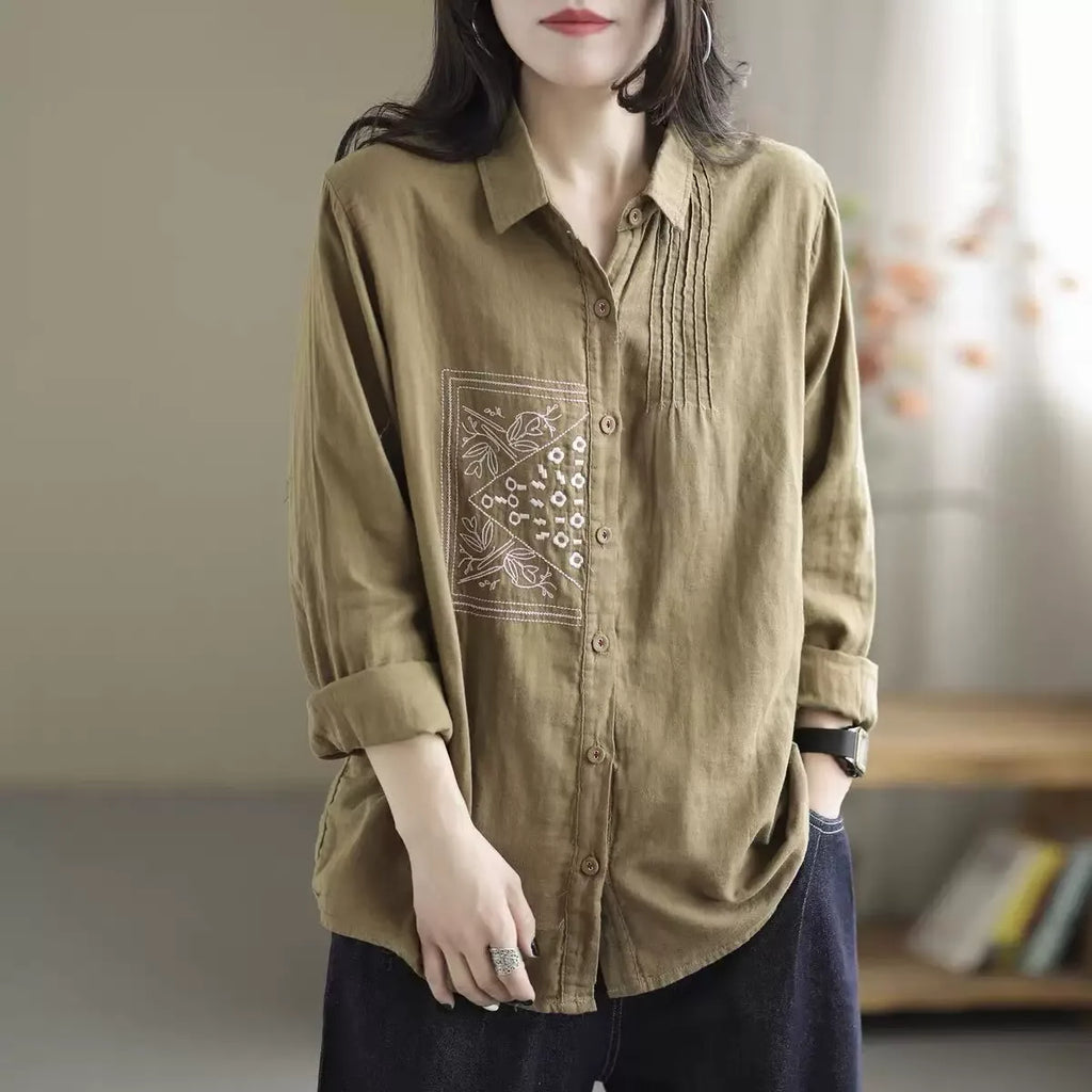 Embroidered Chest Panel Pleated Front Long Sleeve Shirt