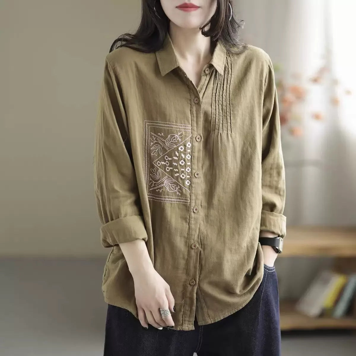 Embroidered Chest Panel Pleated Front Long Sleeve Shirt