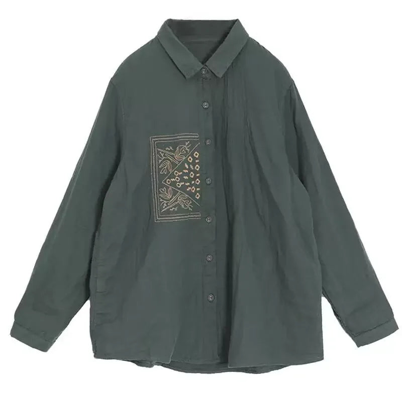 Embroidered Chest Panel Pleated Front Long Sleeve Shirt