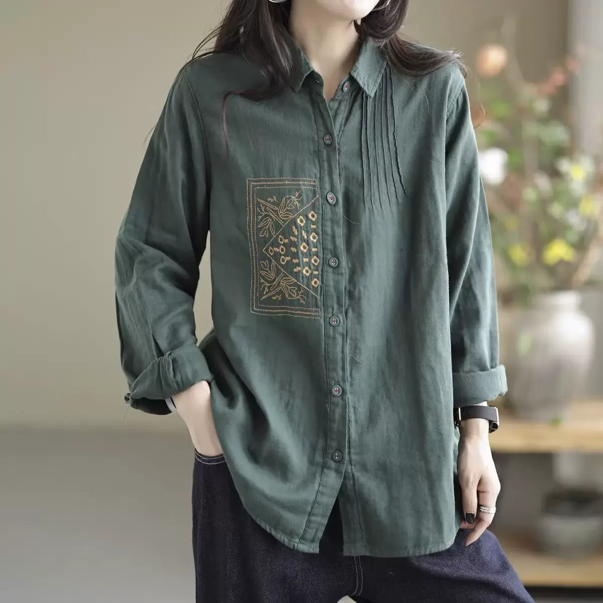 Embroidered Chest Panel Pleated Front Long Sleeve Shirt