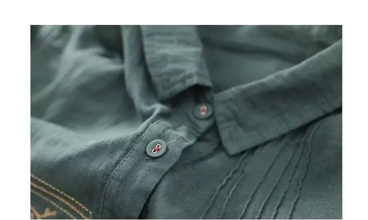 Embroidered Chest Panel Pleated Front Long Sleeve Shirt
