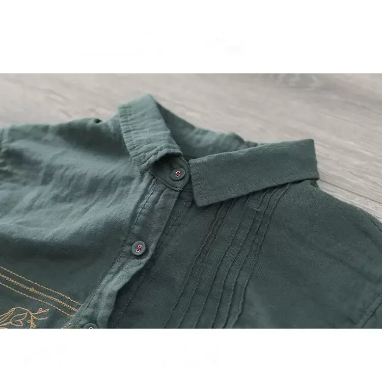 Embroidered Chest Panel Pleated Front Long Sleeve Shirt