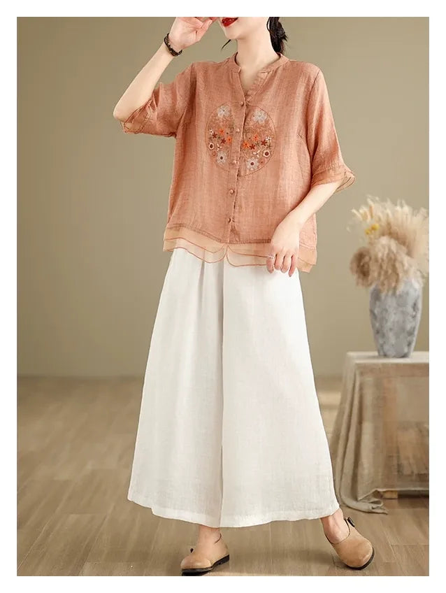 Embroidered Cotton Linen Half Sleeve Shirt with Organza Hem - color option view