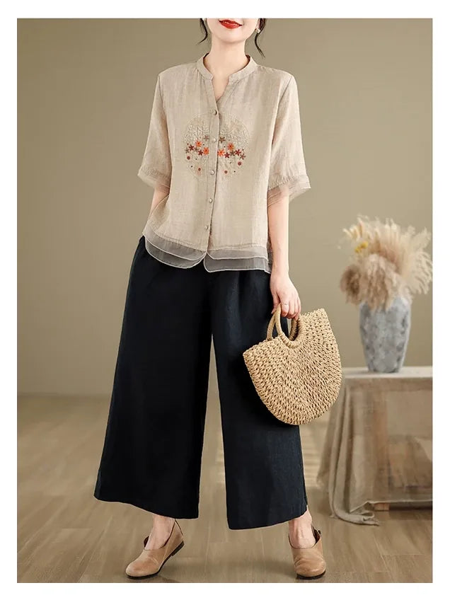 Embroidered Cotton Linen Half Sleeve Shirt with Organza Hem - color option view