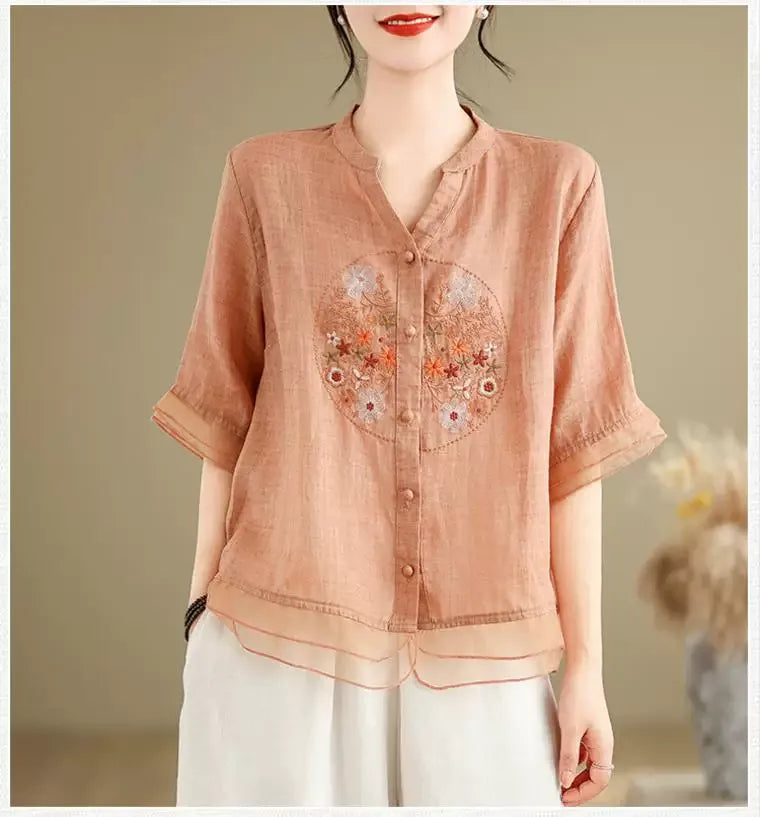 Embroidered Cotton Linen Half Sleeve Shirt with Organza Hem - detail view