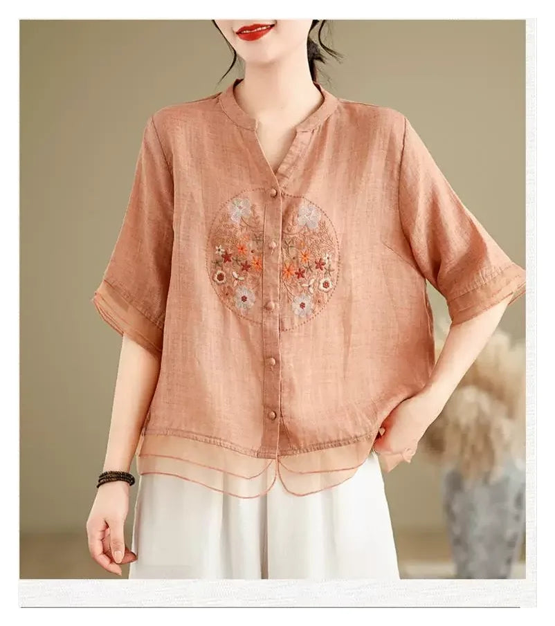 Embroidered Cotton Linen Half Sleeve Shirt with Organza Hem - detail view