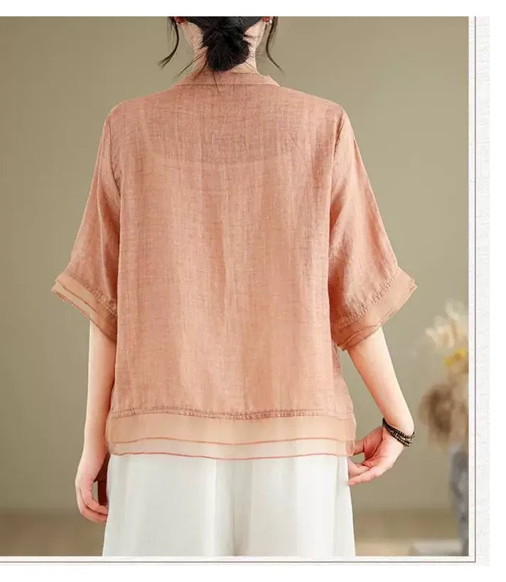 Embroidered Cotton Linen Half Sleeve Shirt with Organza Hem - detail view