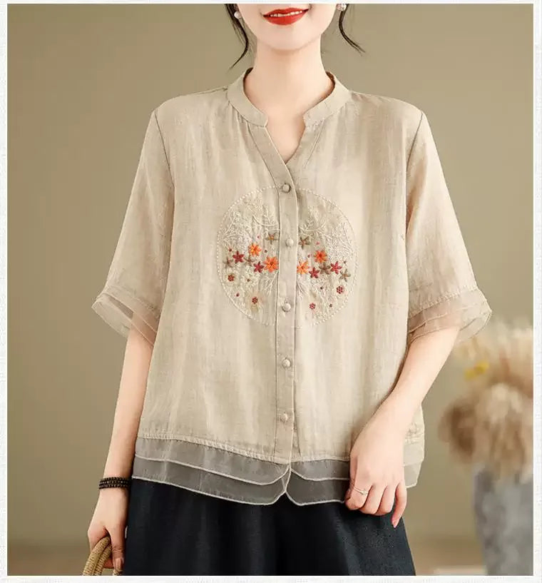 Embroidered Cotton Linen Half Sleeve Shirt with Organza Hem - detail view