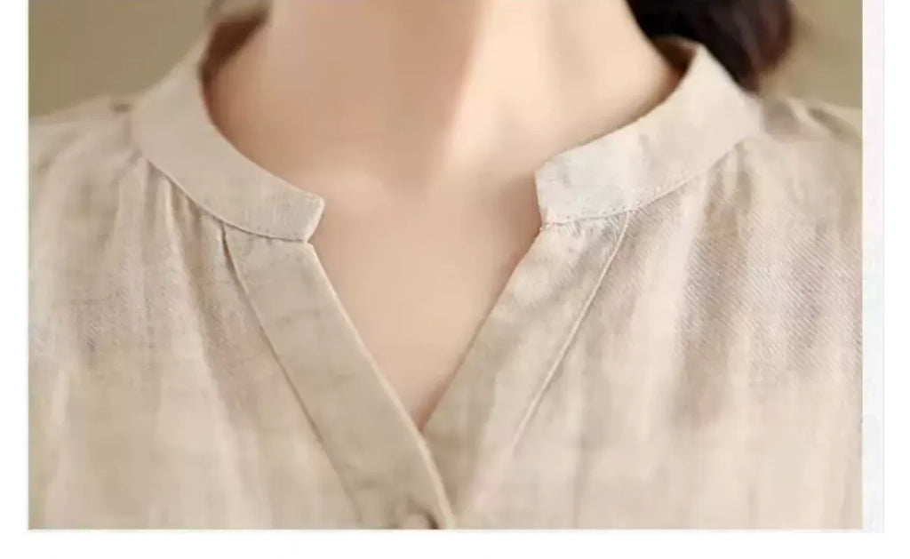 Embroidered Cotton Linen Half Sleeve Shirt with Organza Hem - detail view