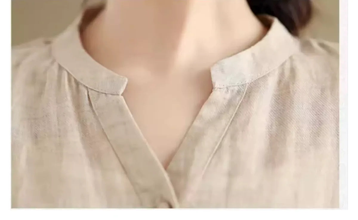 Embroidered Cotton Linen Half Sleeve Shirt with Organza Hem - detail view