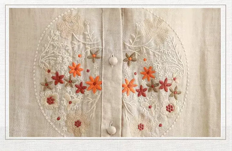 Embroidered Cotton Linen Half Sleeve Shirt with Organza Hem - detail view