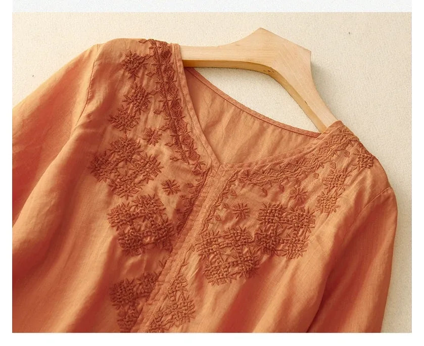 Embroidered Cotton Linen Three Quarter Sleeve Shirt - product image 9 - unknown