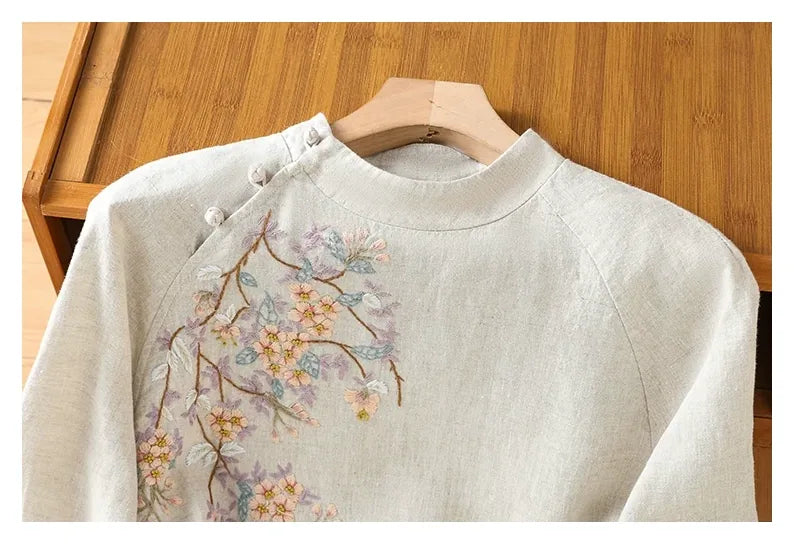 Embroidered Cotton Linen Three Quarter Sleeve Shirt - detail view