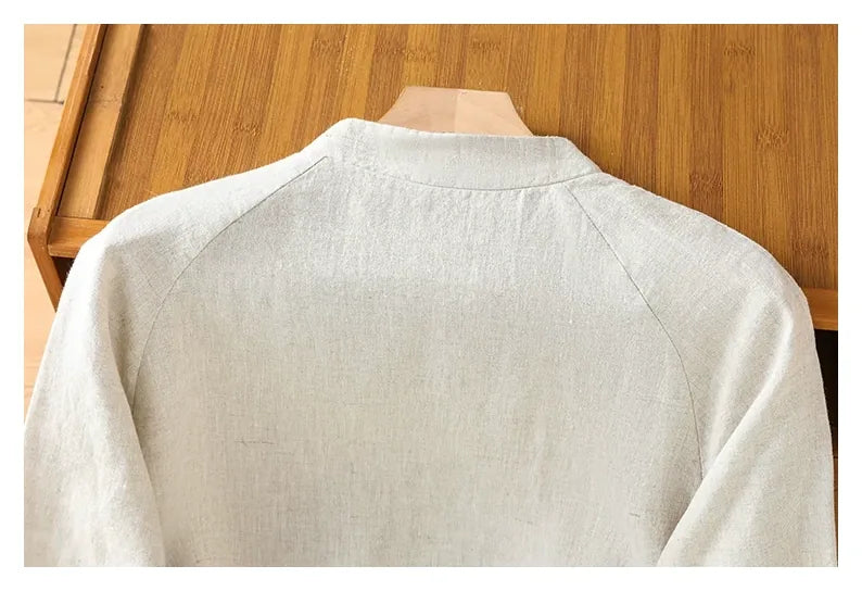 Embroidered Cotton Linen Three Quarter Sleeve Shirt - detail view