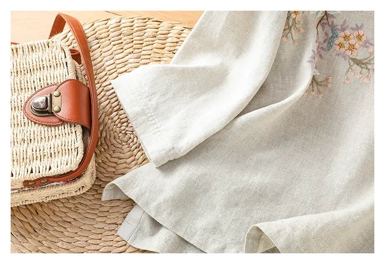 Embroidered Cotton Linen Three Quarter Sleeve Shirt - detail view