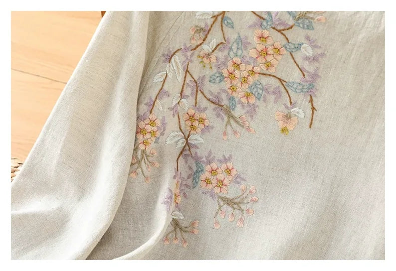Embroidered Cotton Linen Three Quarter Sleeve Shirt - detail view