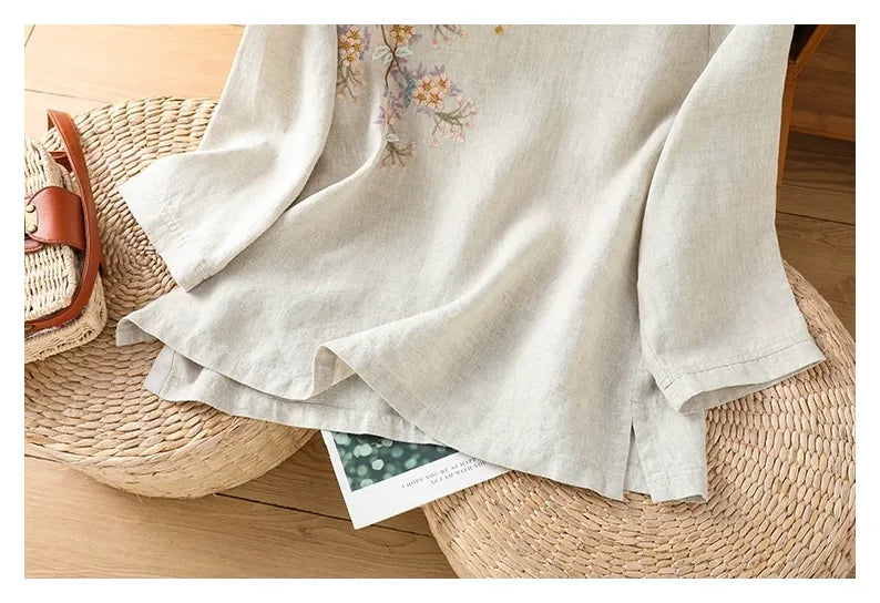 Embroidered Cotton Linen Three Quarter Sleeve Shirt - detail view