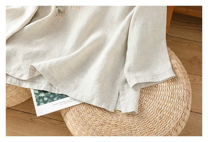 Embroidered Cotton Linen Three Quarter Sleeve Shirt - detail view