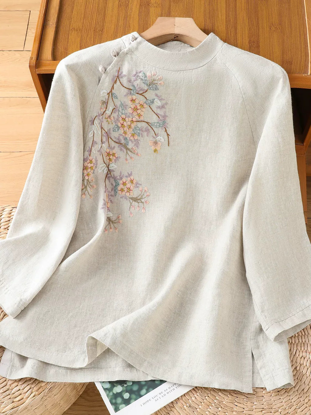 Embroidered Cotton Linen Three Quarter Sleeve Shirt - main product image