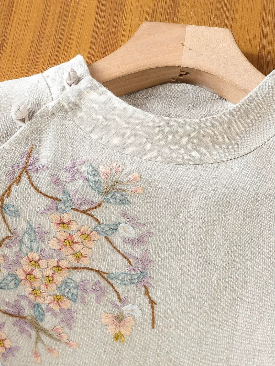 Embroidered Cotton Linen Three Quarter Sleeve Shirt - product view view