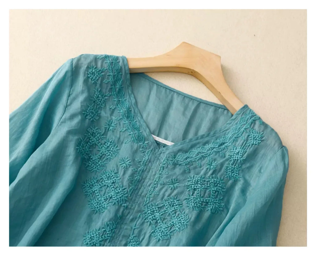 Embroidered Cotton Linen Three Quarter Sleeve Shirt - product image 10 - unknown