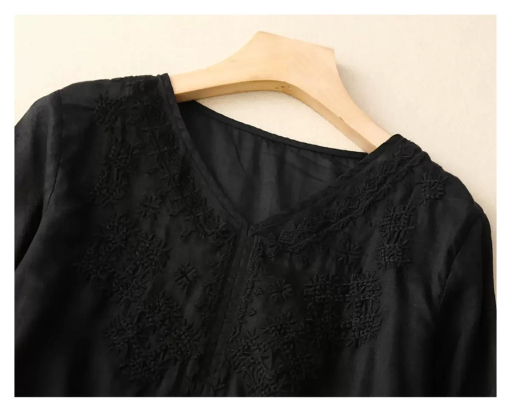 Embroidered Cotton Linen Three Quarter Sleeve Shirt - product image 11 - unknown