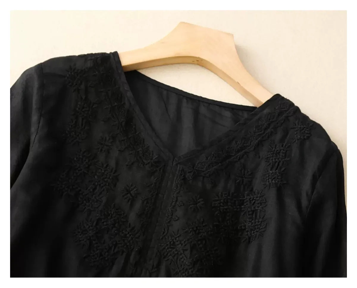 Embroidered Cotton Linen Three Quarter Sleeve Shirt - product image 11 - unknown