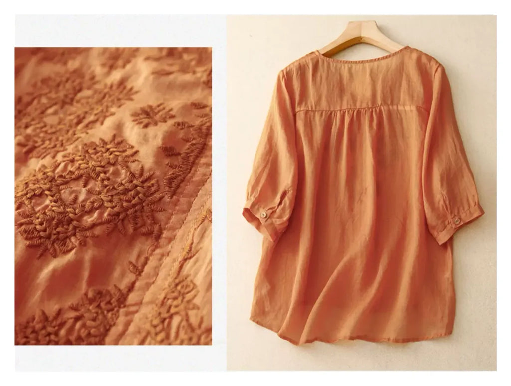 Embroidered Cotton Linen Three Quarter Sleeve Shirt - product image 13 - unknown