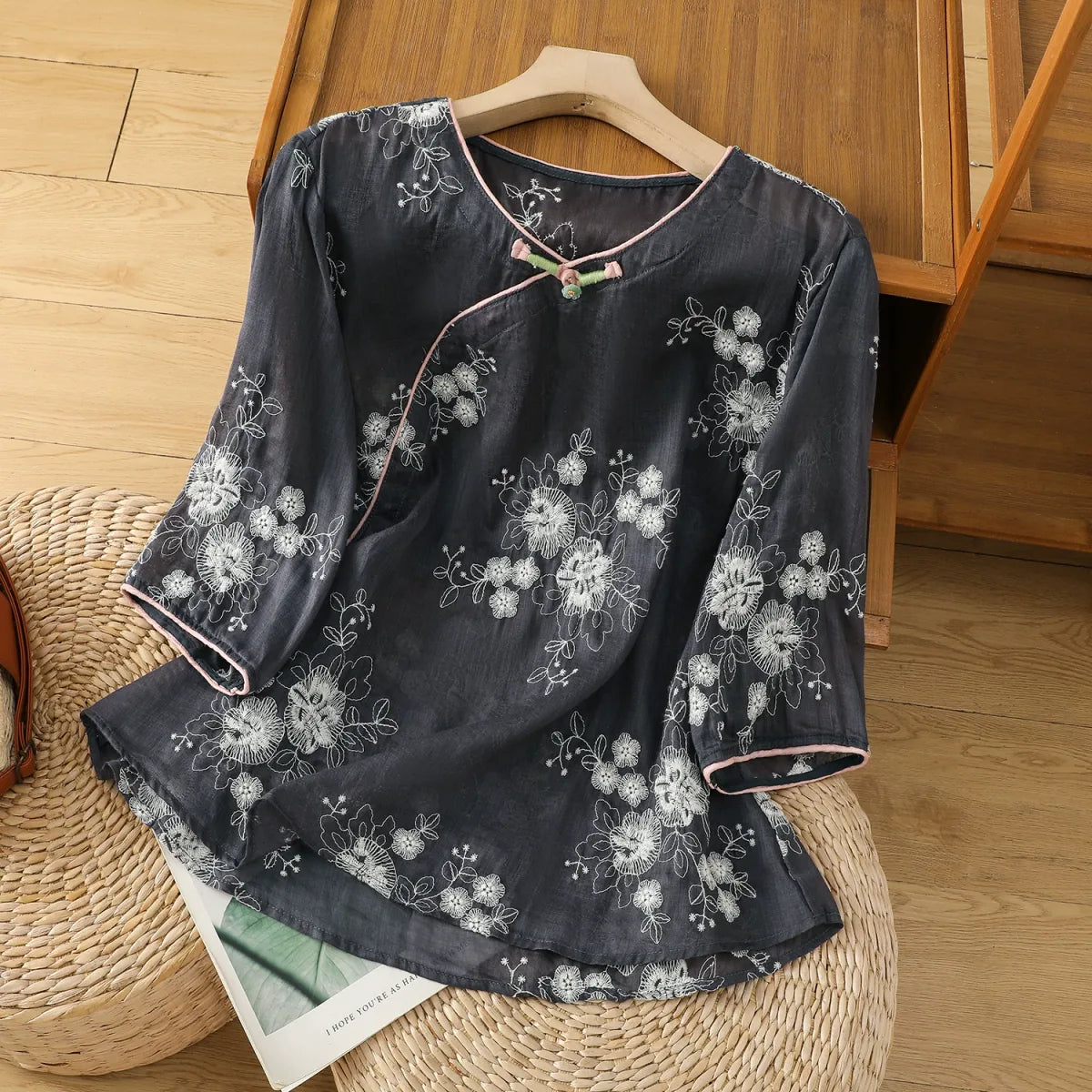 Embroidered Cotton Linen Three Quarter Sleeve Shirt - color option view