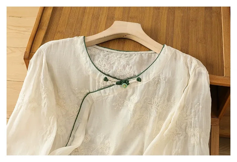 Embroidered Cotton Linen Three Quarter Sleeve Shirt - detail view