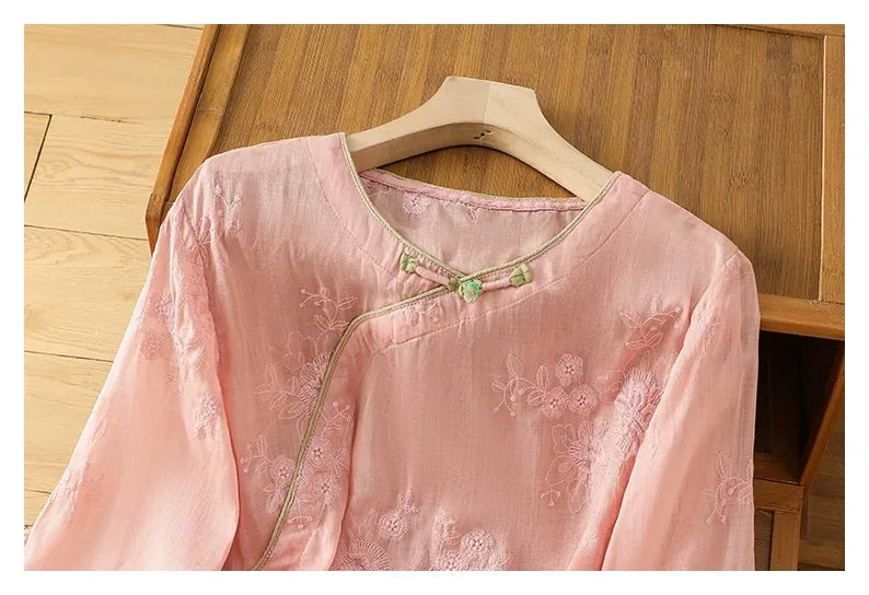 Embroidered Cotton Linen Three Quarter Sleeve Shirt - detail view