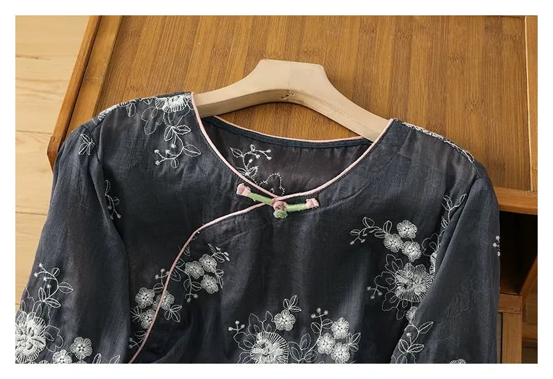 Embroidered Cotton Linen Three Quarter Sleeve Shirt - detail view