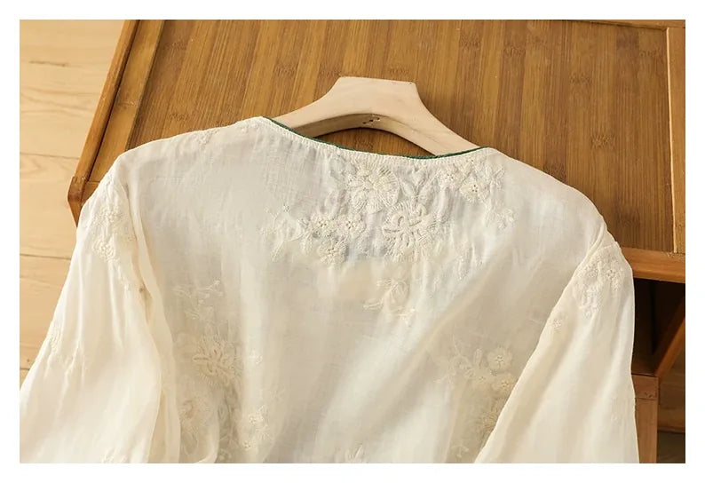 Embroidered Cotton Linen Three Quarter Sleeve Shirt - detail view