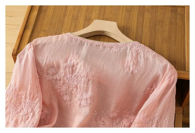 Embroidered Cotton Linen Three Quarter Sleeve Shirt - detail view